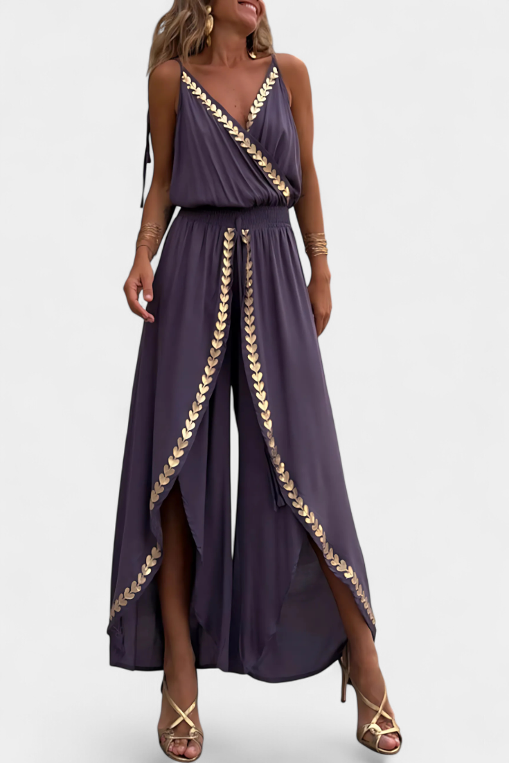 Pola | Eendelig jumpsuit met gouden details en open pijpen