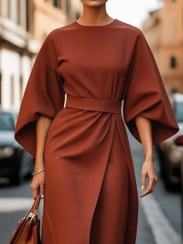 Losse Puff Mouwen Geplooide Effen Kleur Split-Joint Ronde Hals Midi Jurken