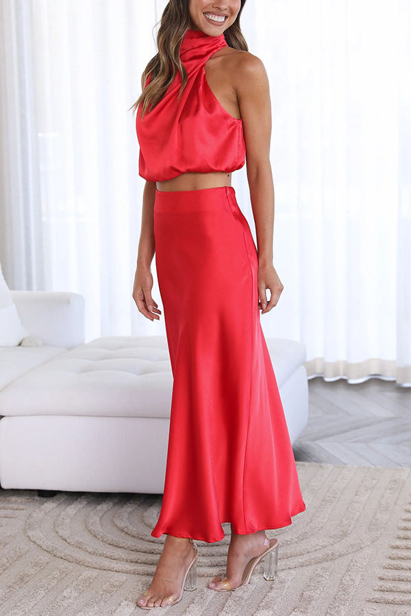 Zo'n Vibe Hoge Hals Satijnen Drapé Maxi Rok Set