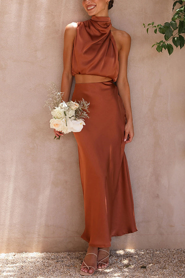 Zo'n Vibe Hoge Hals Satijnen Drapé Maxi Rok Set