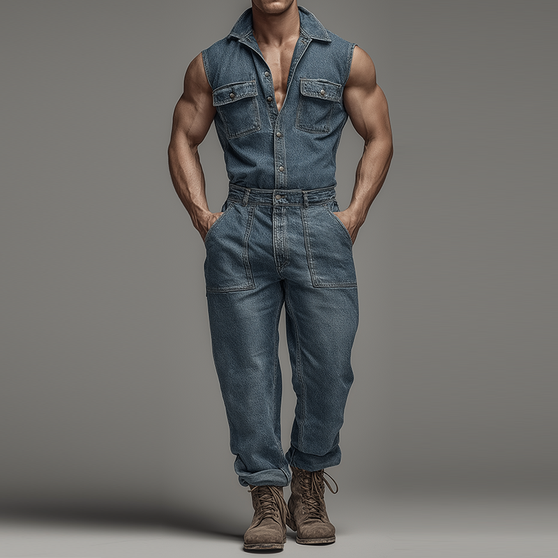 Heren Retro Casual Gewassen Jeans Mouwloos Vest met Kraag MTA0440H4TO