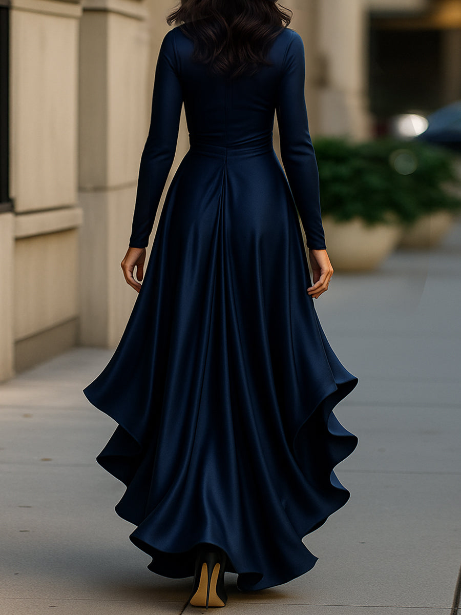 Middernachtblauwe Draped Satijnen Maxi-jurk met Ruffle Details