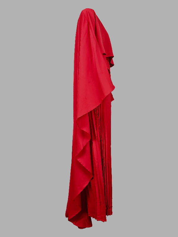 Cape High-Low Plissé Effen Kleur Split-Joint Ronde Hals Avondjurken Maxi Jurken