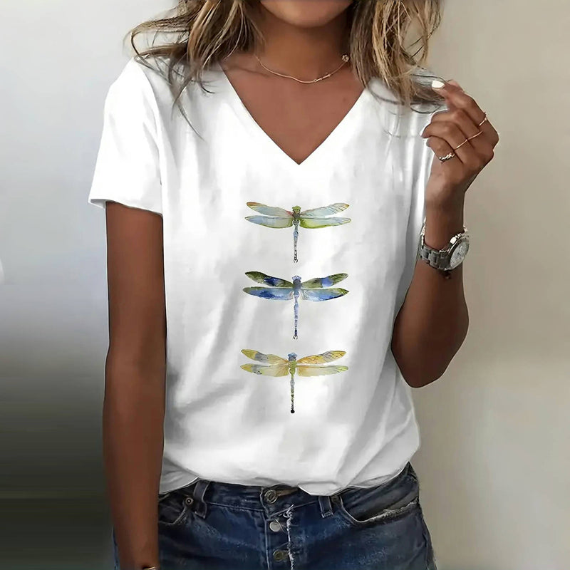 Zosia | Casual T-shirt met V-hals en libelprint