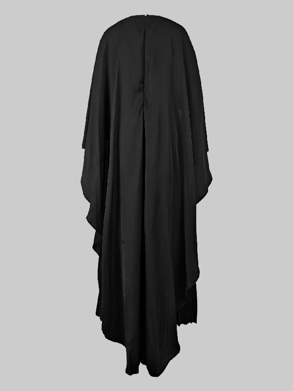 Cape High-Low Plissé Effen Kleur Split-Joint Ronde Hals Avondjurken Maxi Jurken