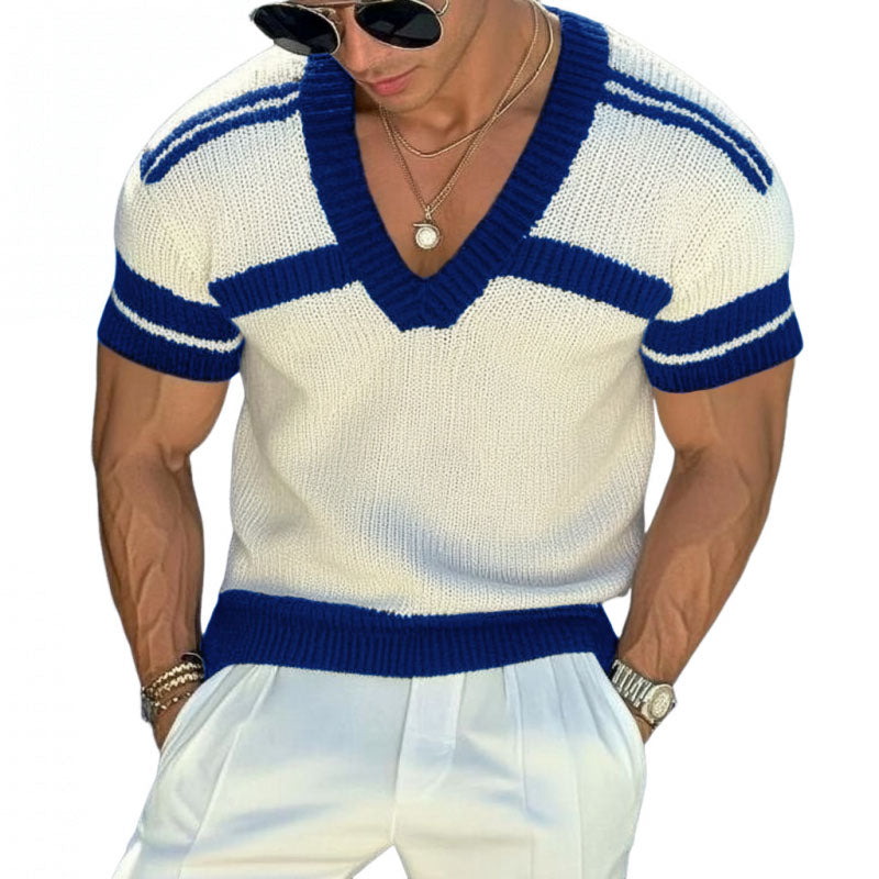 【24-uurs verzending】Heren casual trui met V-hals in streepdessin, slim fit, korte mouwen, T-shirt breiwerk 13072472M