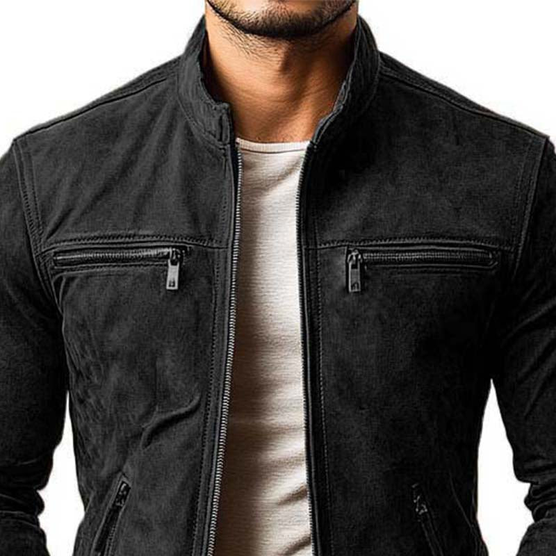 Heren klassieke casual slim fit jas met rits, meerdere zakken en een suède kraag 21868311K