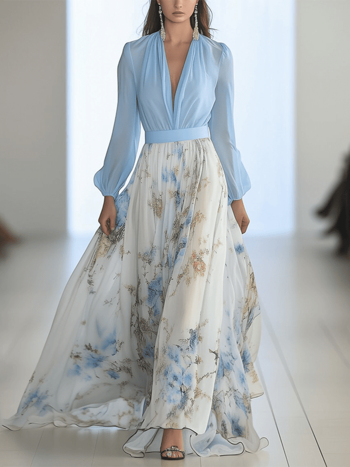 Elwira | Luchtige chiffon jurk in tinten van de lucht en bloemen