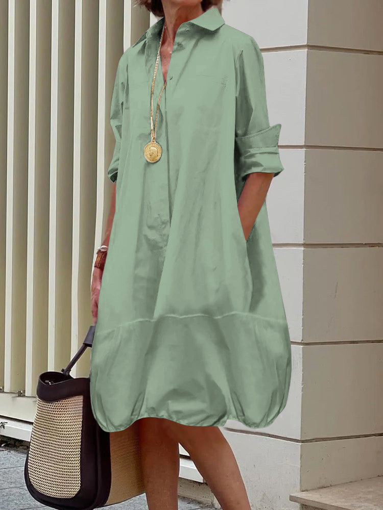 Lange Mouwen Losse Effen Kleur Revers Kraag Midi Jurken Overhemd Jurk