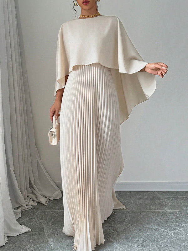 Cape High-Low Plissé Effen Kleur Split-Joint Ronde Hals Avondjurken Maxi Jurken