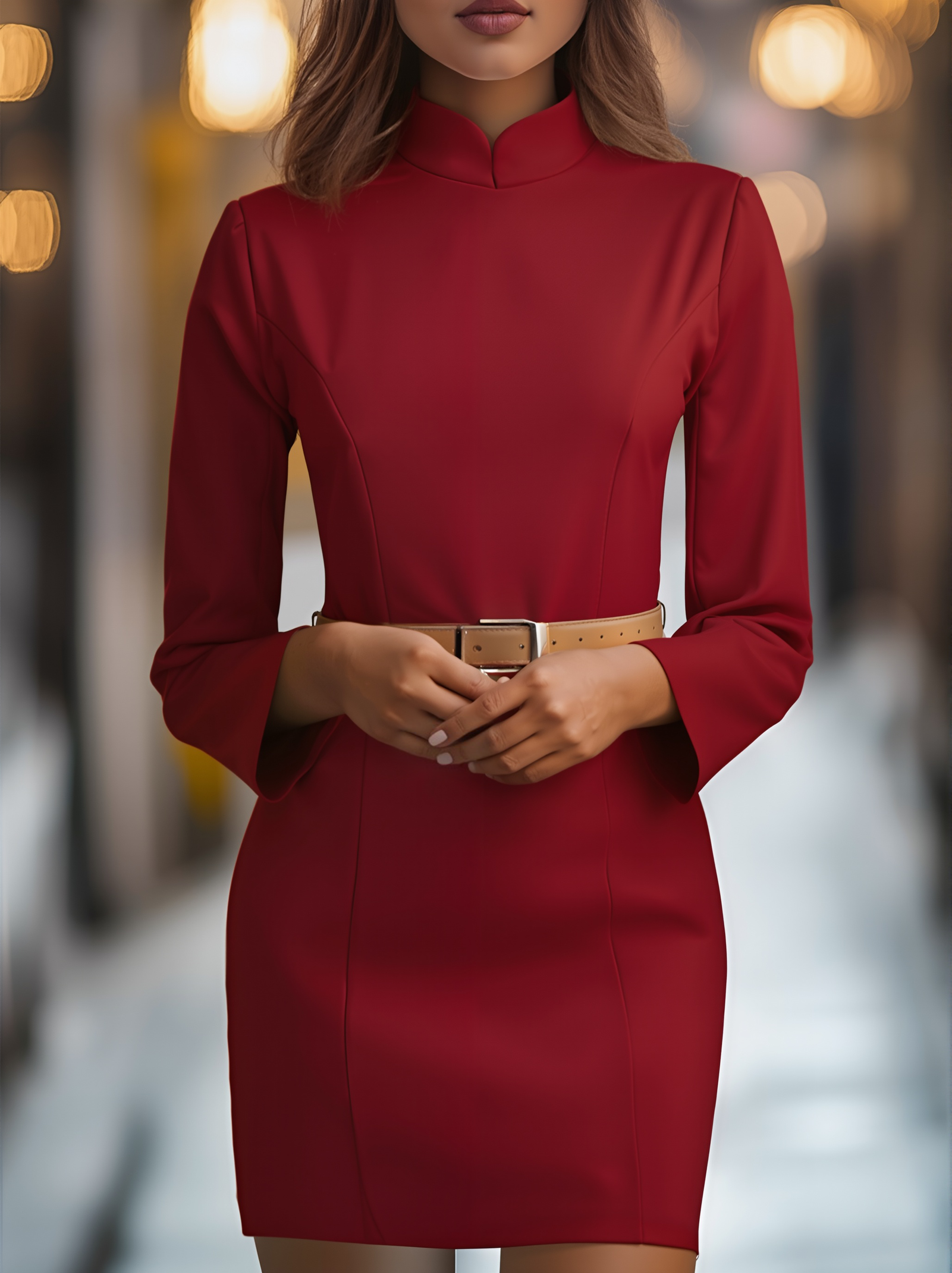 Elegante Witte Mandarin Kraag Jurk met Riem Ontwerp