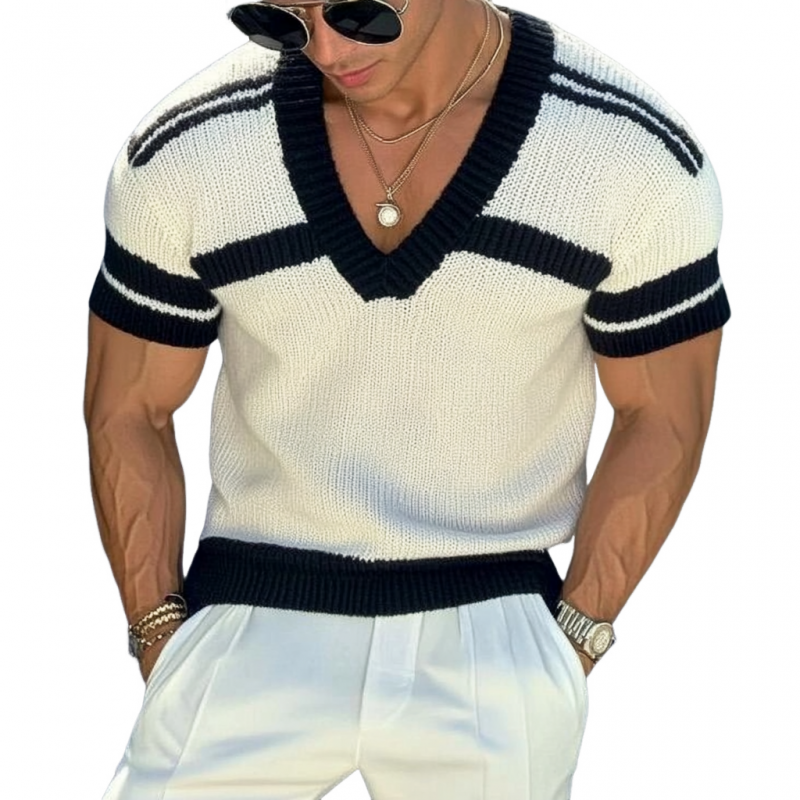 【24-uurs verzending】Heren casual trui met V-hals in streepdessin, slim fit, korte mouwen, T-shirt breiwerk 13072472M