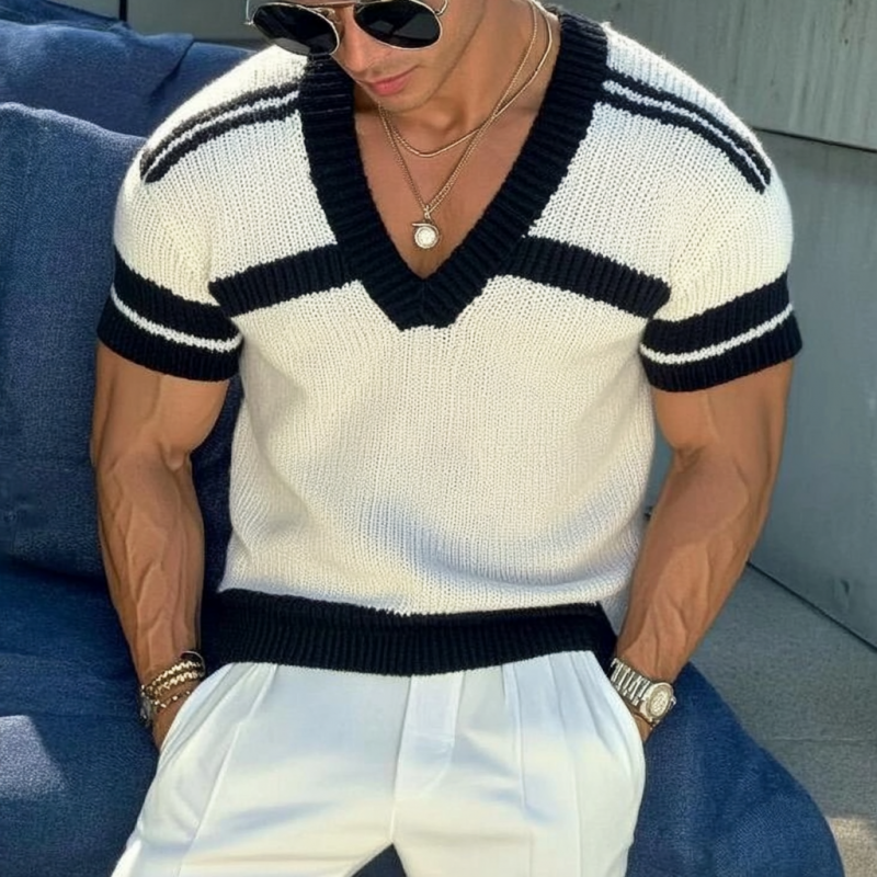 【24-uurs verzending】Heren casual trui met V-hals in streepdessin, slim fit, korte mouwen, T-shirt breiwerk 13072472M