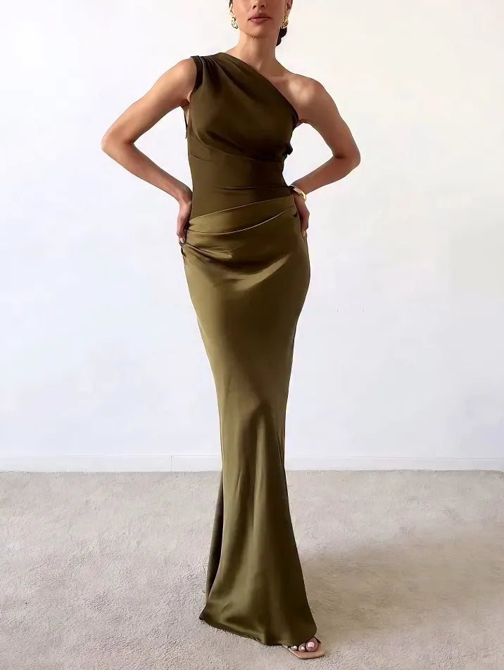 Elegante One Shoulder Nek Plissé Feest Maxi Jurk