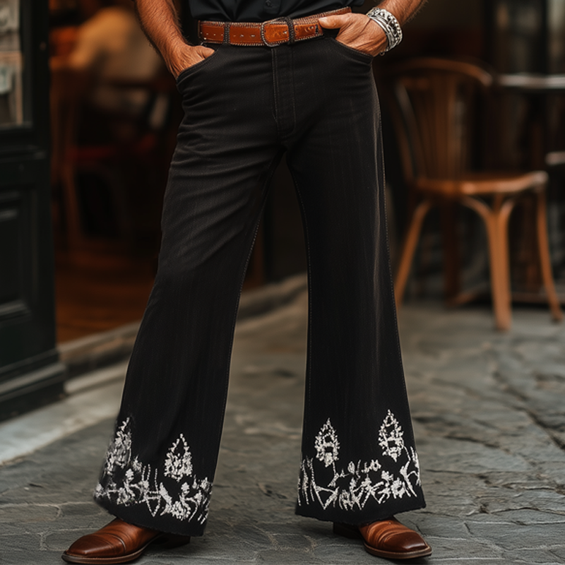 Heren Broek in Western Cowboy Vintage Stijl Zilver Geborduurd met Uitlopende Pijpen MTA1324F7U
