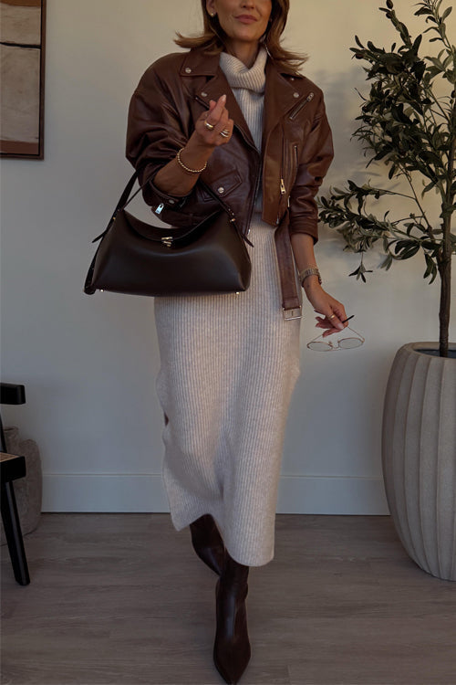 Kraagloze Taille Midi Trui Jurk met Zijsplit