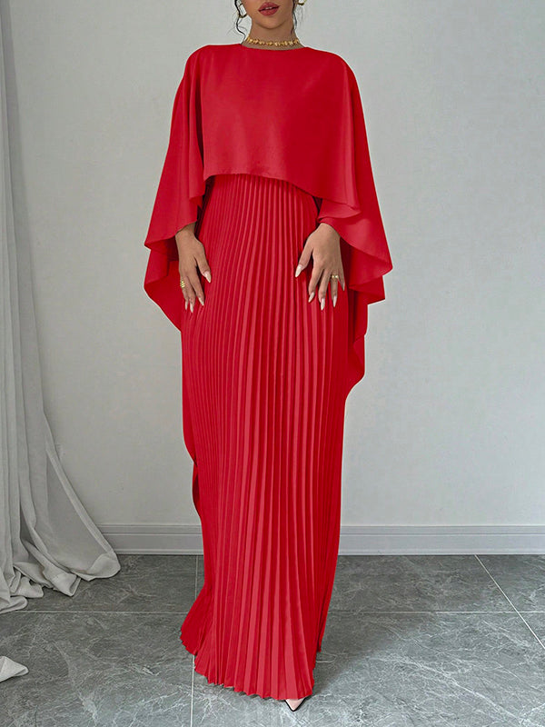 Cape High-Low Plissé Effen Kleur Split-Joint Ronde Hals Avondjurken Maxi Jurken