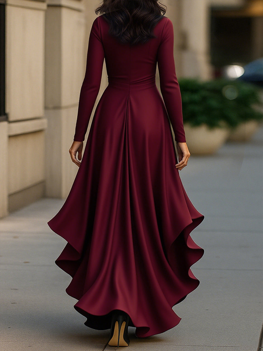 Middernachtblauwe Draped Satijnen Maxi-jurk met Ruffle Details