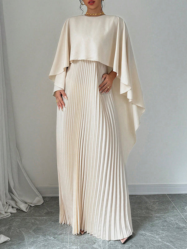 Cape High-Low Plissé Effen Kleur Split-Joint Ronde Hals Avondjurken Maxi Jurken