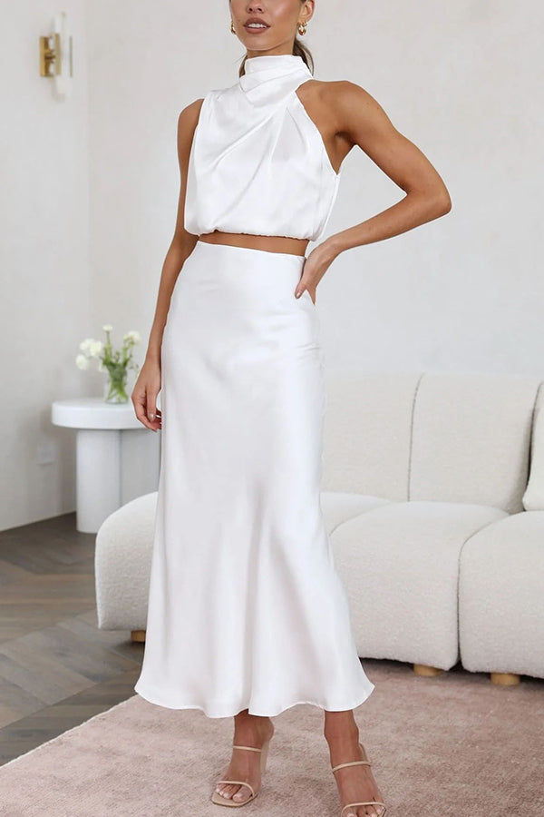 Zo'n Vibe Hoge Hals Satijnen Drapé Maxi Rok Set