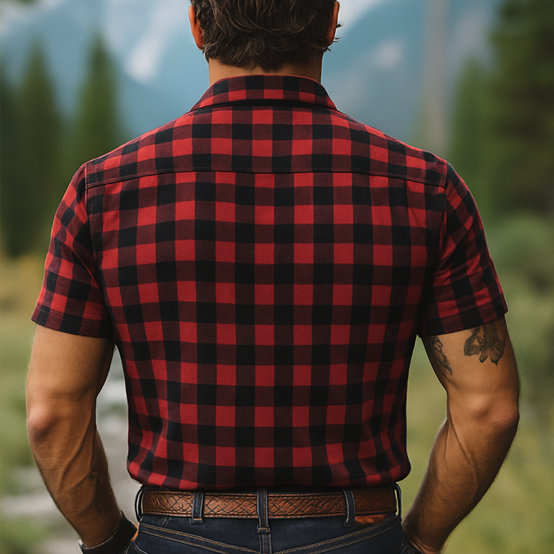 Heren zomer retro geruite shirt in rood-zwart met knopen en korte mouwen MTA2678E3U