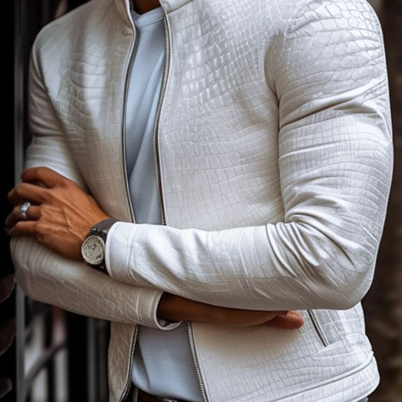 【24-uur verzendtijd】Heren modieuze leren jack met rits, slim fit, met steenpatroon, staande kraag 45773252M