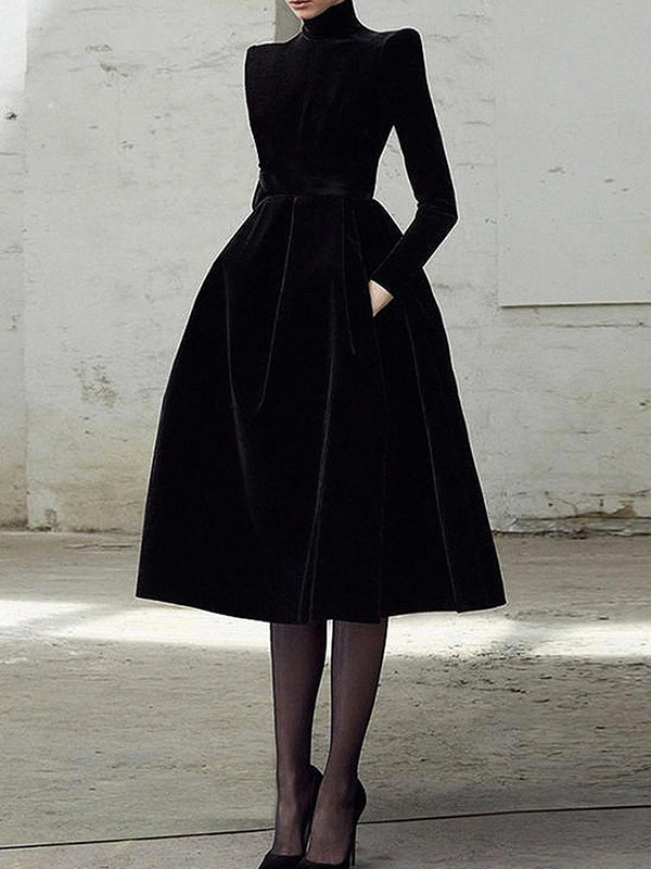 Langemouwen Skinny Effen Kleur Hoge Hals Midi Jurken