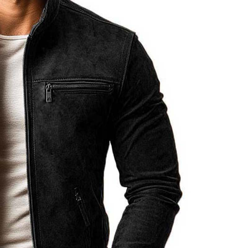 Heren klassieke casual slim fit jas met rits, meerdere zakken en een suède kraag 21868311K