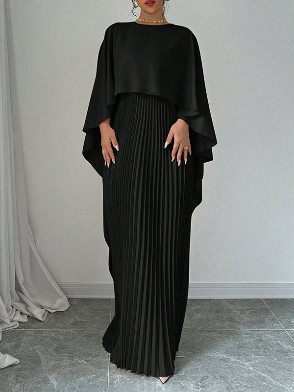 Cape High-Low Plissé Effen Kleur Split-Joint Ronde Hals Avondjurken Maxi Jurken