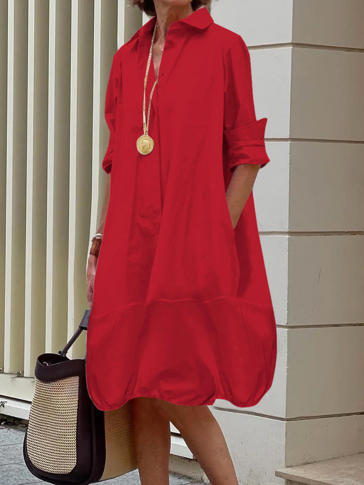 Lange Mouwen Losse Effen Kleur Revers Kraag Midi Jurken Overhemd Jurk