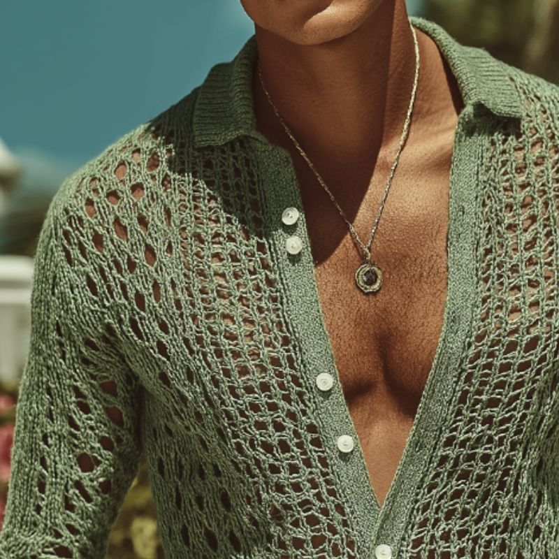 Heren Retro Casual Hollow Knit Overhemd met Lange Mouwen MTA2892G7TO