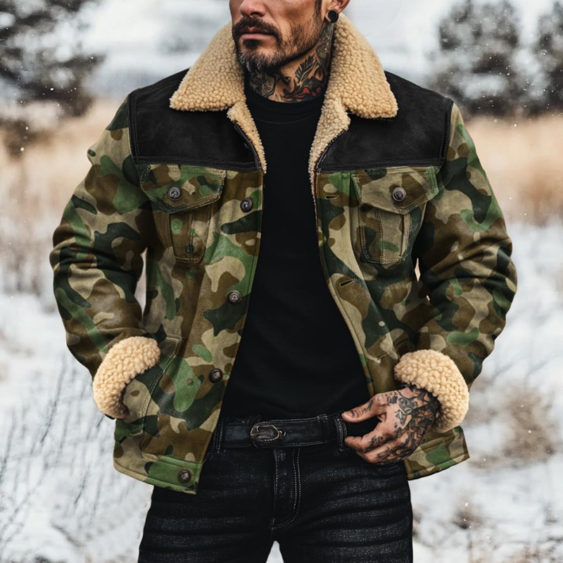 Herenjas van suede in camouflagepatroon met fleece kraag, éénknops 41809323Z