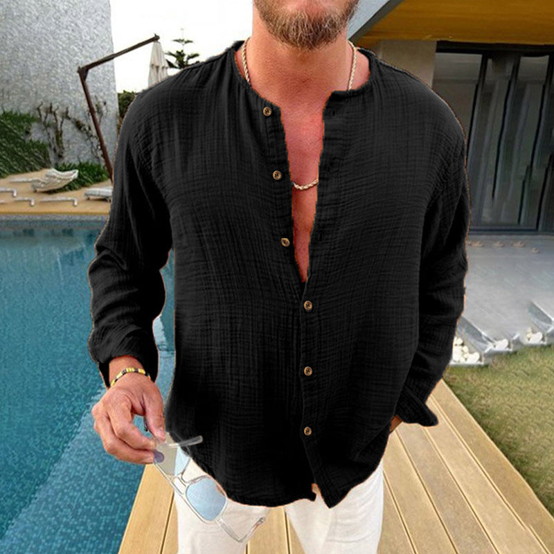 Heren overhemd van katoen en linnen in effen kleur met lange mouwen 37130279X