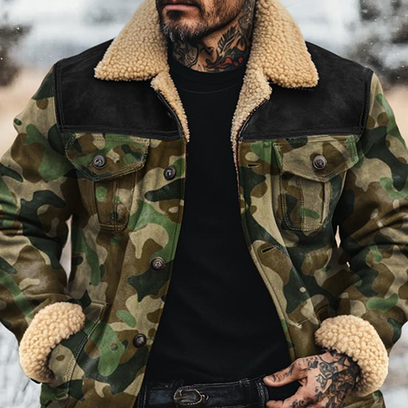 Herenjas van suede in camouflagepatroon met fleece kraag, éénknops 41809323Z