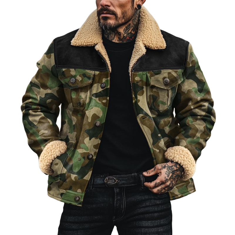 Herenjas van suede in camouflagepatroon met fleece kraag, éénknops 41809323Z
