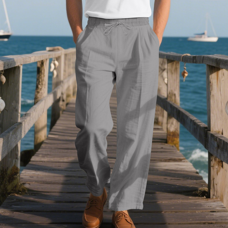 Heren Katoenen en Linnen Broeken in Effen Kleur met Elastische Tailleband MTA2244G3X