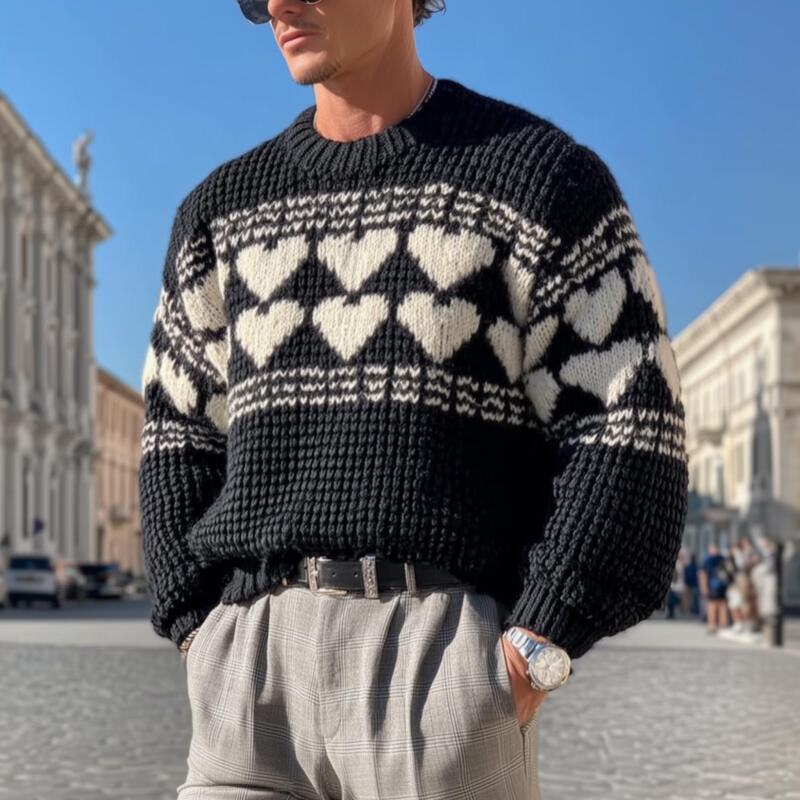 Heren Vintage Trui Pullover met Hartjespatroon, Ademend, Gebreid, Ronde Hals, Losse Pasvorm MTA2844H8M