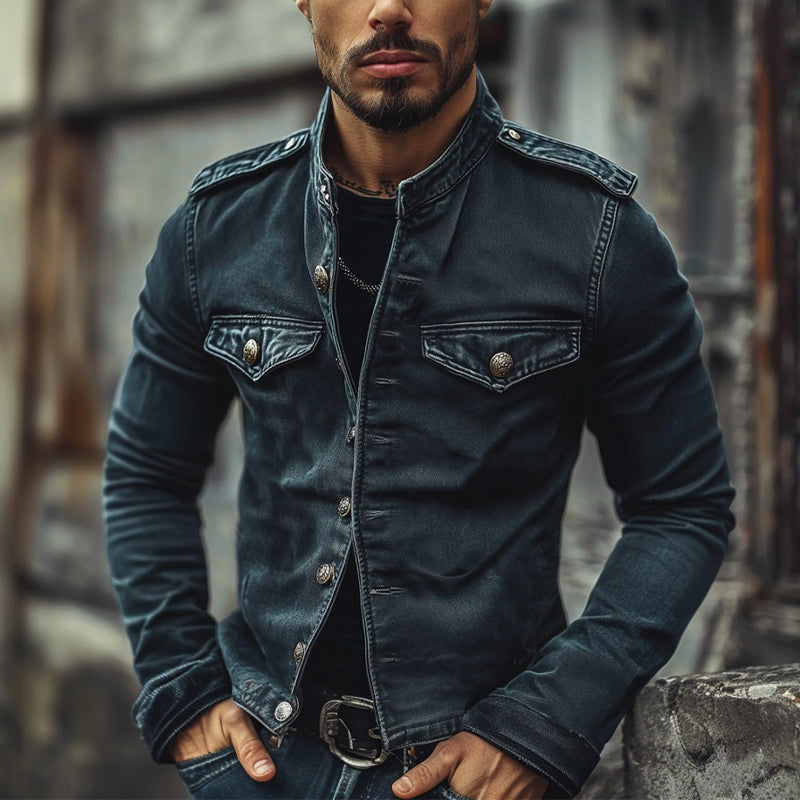 【24-uurs verzending】Heren Vintage Jeansjack met Staande Kraag 75697045X