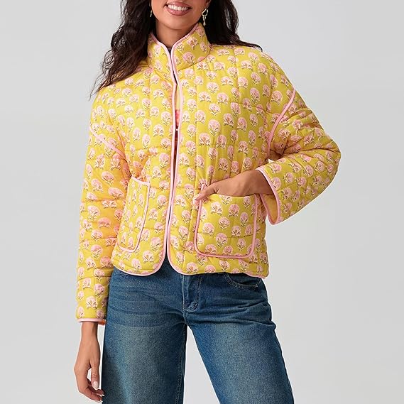 Oranji ® | Jas met patchwork en bloemenprint en staande kraag