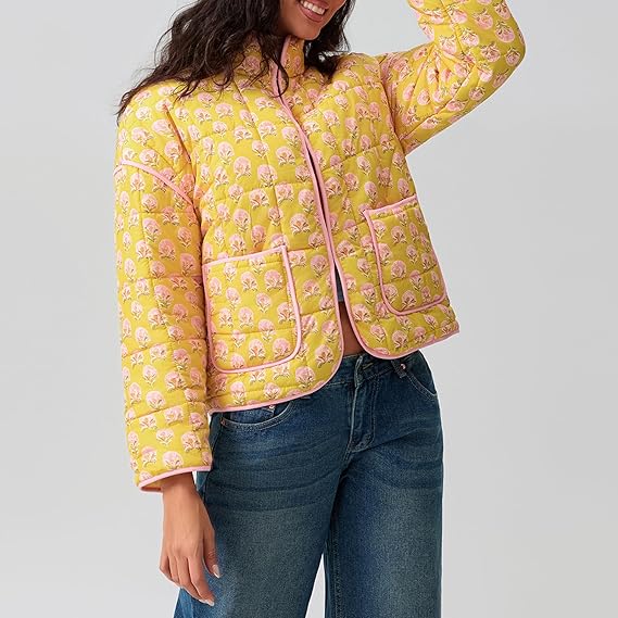 Oranji ® | Jas met patchwork en bloemenprint en staande kraag