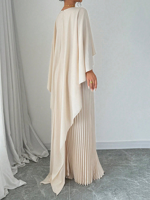 Cape High-Low Plissé Effen Kleur Split-Joint Ronde Hals Avondjurken Maxi Jurken