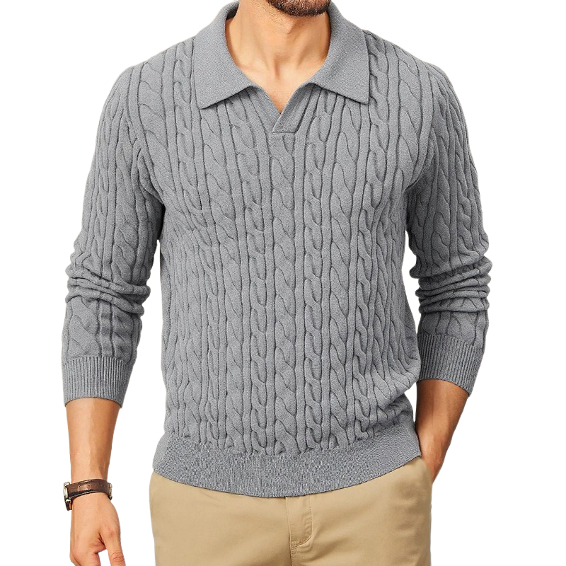 Heren polo trui met V-hals, slim fit, in effen kleur, met kabelpatroon MTA1373H6X