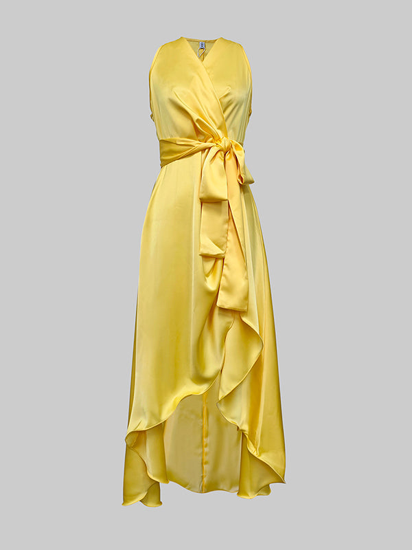 High-Low Losse Rimpel Trim Effen Kleur Tied Taille V-Hals Maxi Jurken