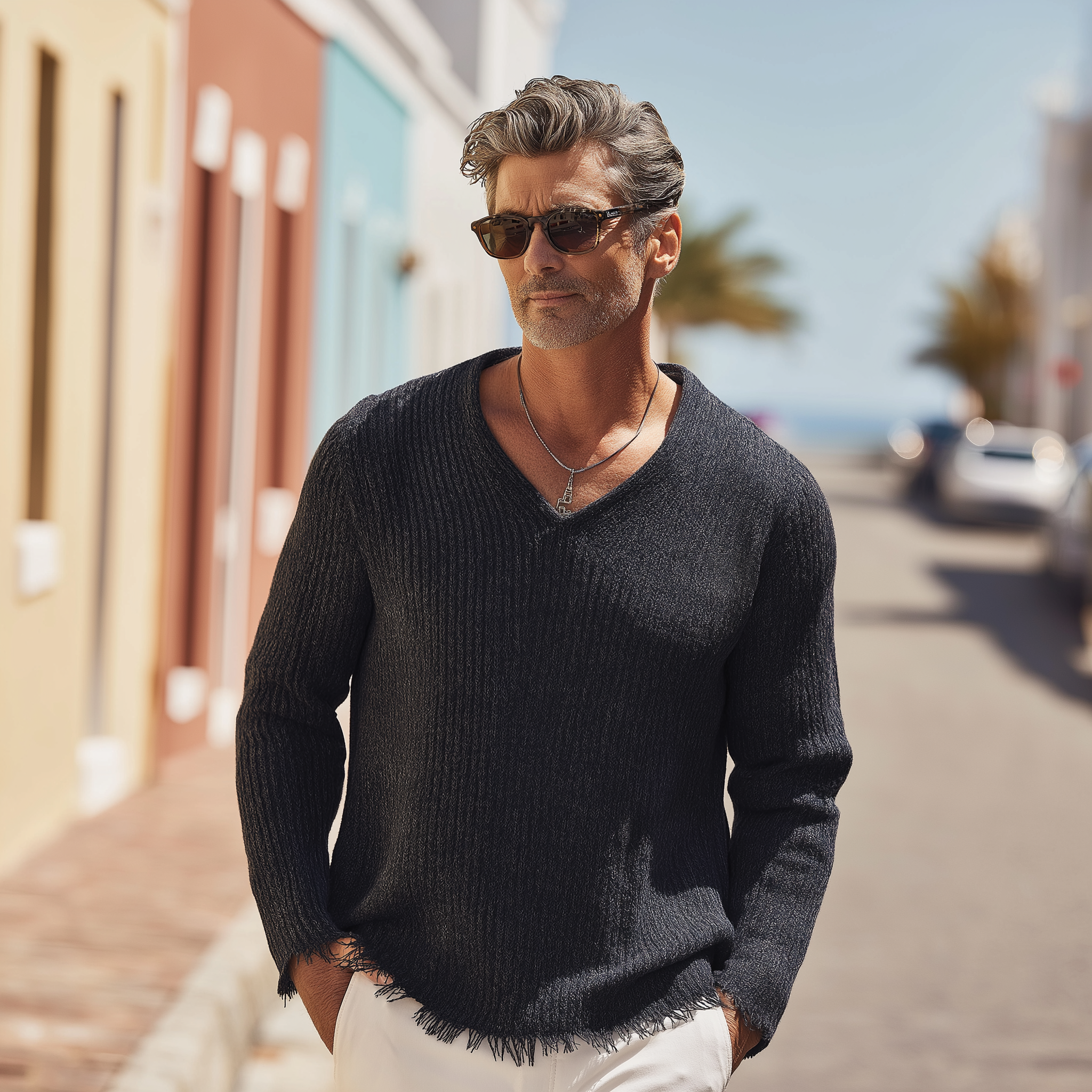 Heren vintage trui met ruwe afwerking in gemêleerde kleur MTA1367H6P