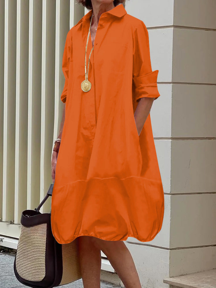 Lange Mouwen Losse Effen Kleur Revers Kraag Midi Jurken Overhemd Jurk