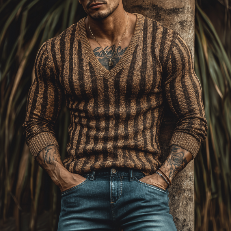 Heren Vintage Contrast Trui met Verticale Strepen V-hals Slim Fit MTA1877H4M