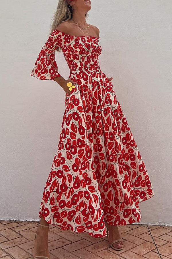 Zomer Maxi Jurk met Bloemenpatroon en Ontblote Schouders