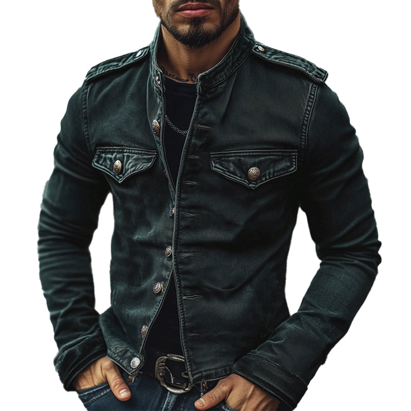 【24-uurs verzending】Heren Vintage Jeansjack met Staande Kraag 75697045X