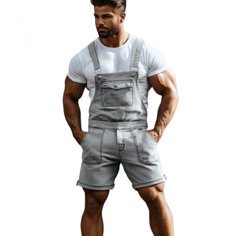 Heren vintage, gewassen, versleten spijkerbroek overall shorts met meerdere zakken MTA2785E1M