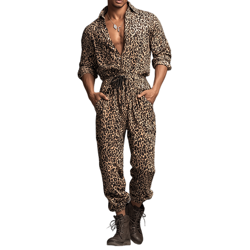 Heren Retro Casual Jumpsuit met Luipaardprint en Kraag met Lange Mouwen MTA0421H8TO